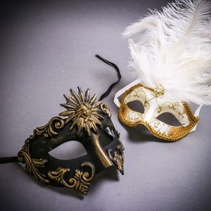 Black Gold Roman Greek Emperor & Gold Mardi Mask Couple's Masquerade Party